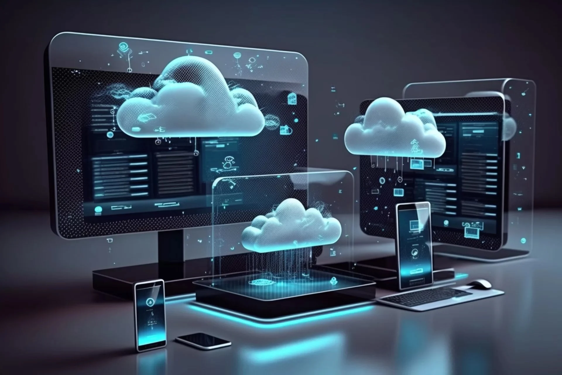 Monitore, Tablet und Smartphones mit Cloud-Anwendungen – die Software des Unternehmens auf allen Geräten